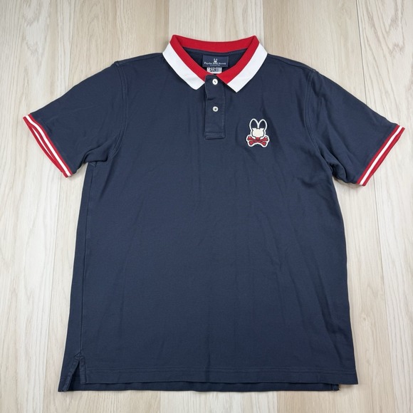 Psycho Bunny Other - Psycho Bunny Polo Shirt Pima Cotton Skull Bunny Logo Striped Trim Size 7 Navy